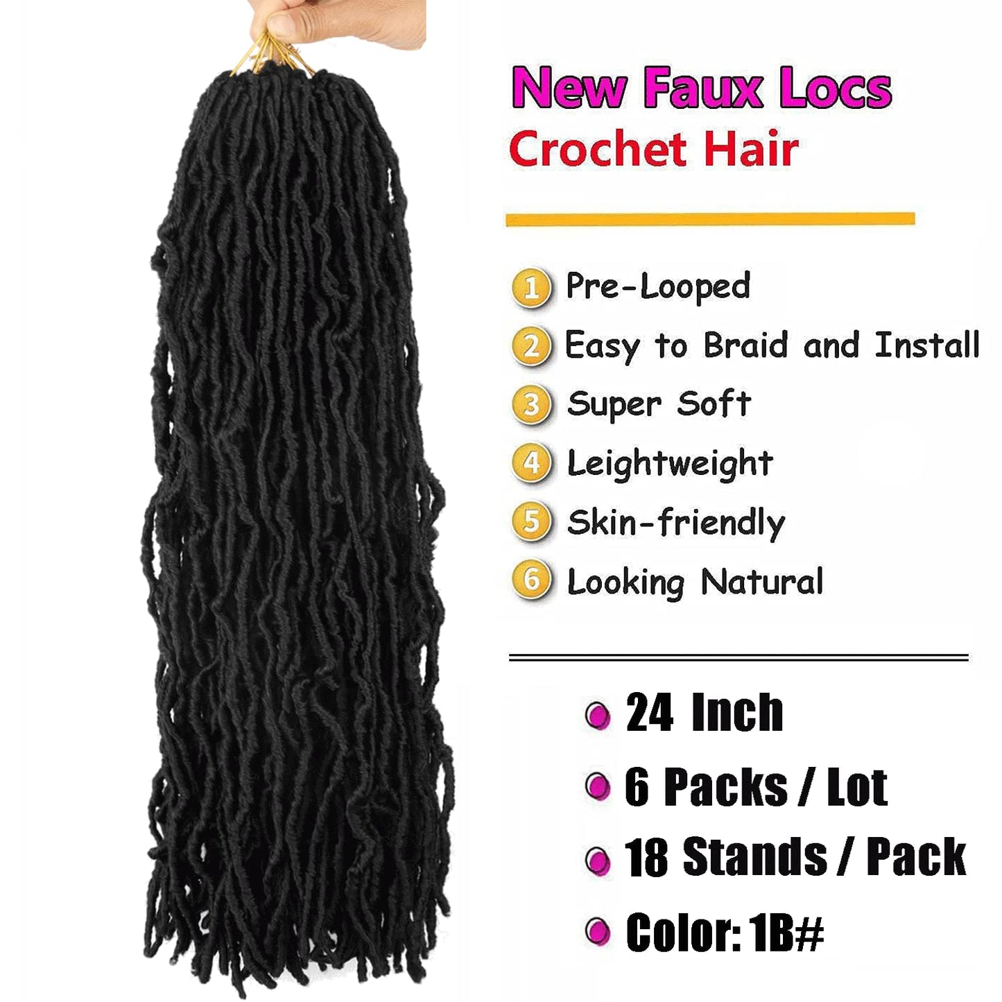 24 Inch Soft Locs Crochet Hair Pre Looped 6 Packs Faux Locs Crochet Braids Goddess Locs Dreadlocs Hair For Black Women (1B, 24 Inch (Pack of 6))