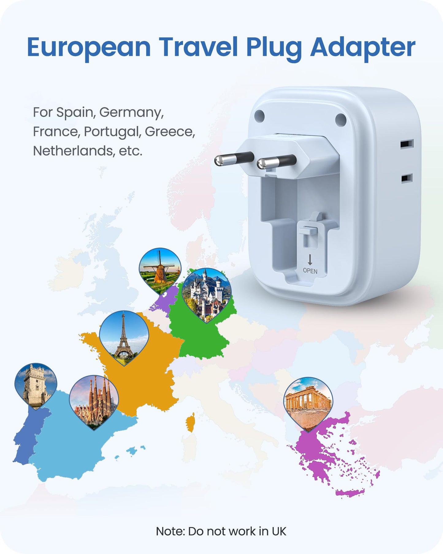 European Travel Plug Adapter, LENCENT International Type-C Foldable Power Plug with 4 Outlets, USB C Charger Adaptor, US to Most of Europe EU Iceland Spain Italy France Germany, Cruise Approved, Blue