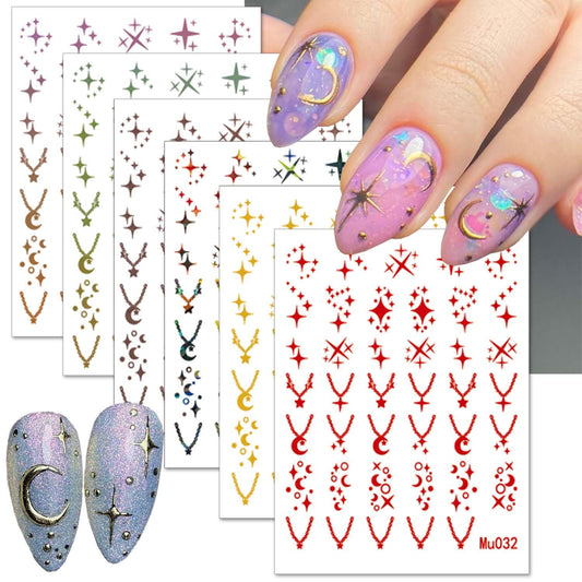 6 Sheets Star Nail Art Stickers DIY Self-Adhesive Nail Decals Laser Glitter Shiny Color Star Moon Necklace Nail Art Design Acrylic Nails Supplies for Women Foil Nail Decorations