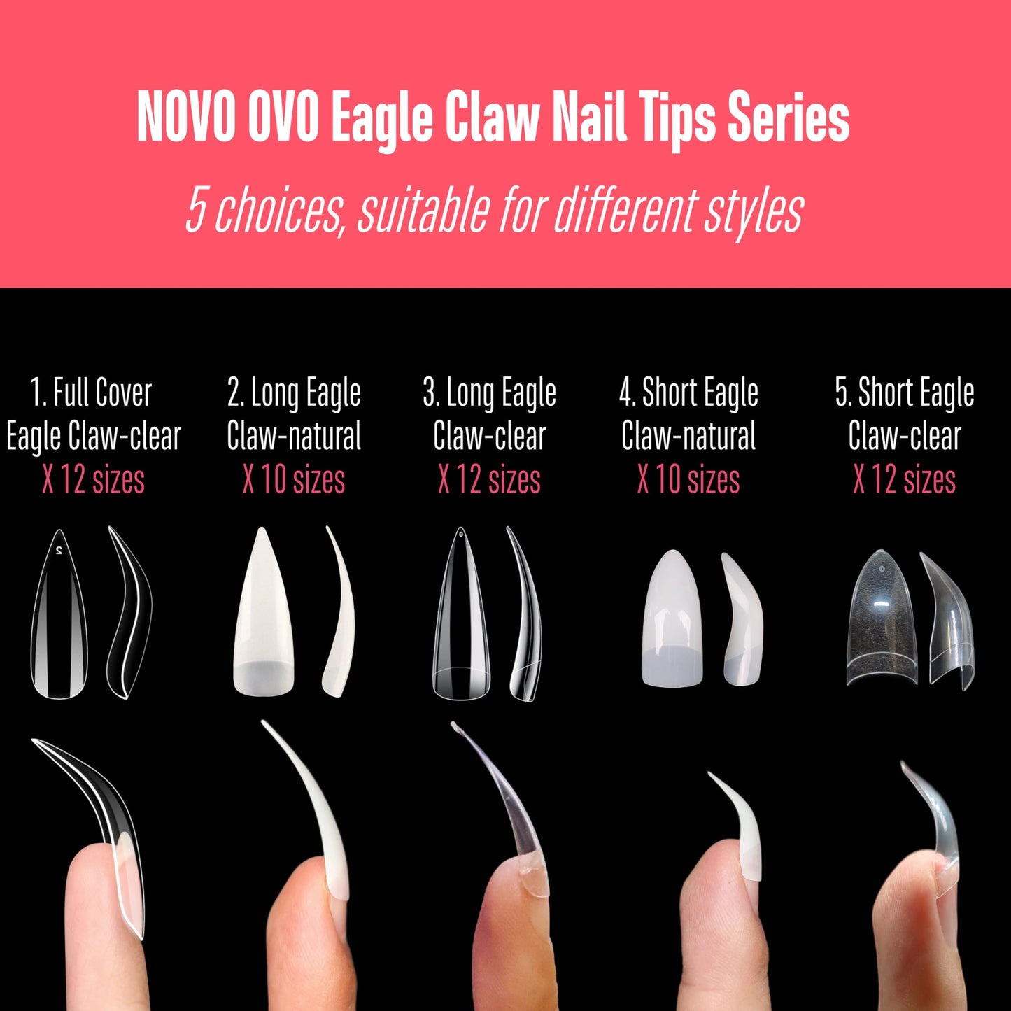 NOVO OVO 500 pcs Extra Long Hawk Curved Stiletto/Almond Nail Tips, XXL 2XL Sharp False Nails for Acrylic, Natural QUEEN STILETTO CURVE Eagle Claw Half Cover Gel Extension x 10 Sizes in Bag for Salon