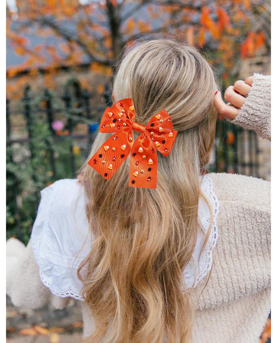 Halloween Hair Bows for Women Halloween Accessories Outfits Cute Candy Corn Hair Bows Jeweled Large Hair Bow Clips Black Orange Stain Hair Ribbons Costume Party Favors Gifts (Pattern E)