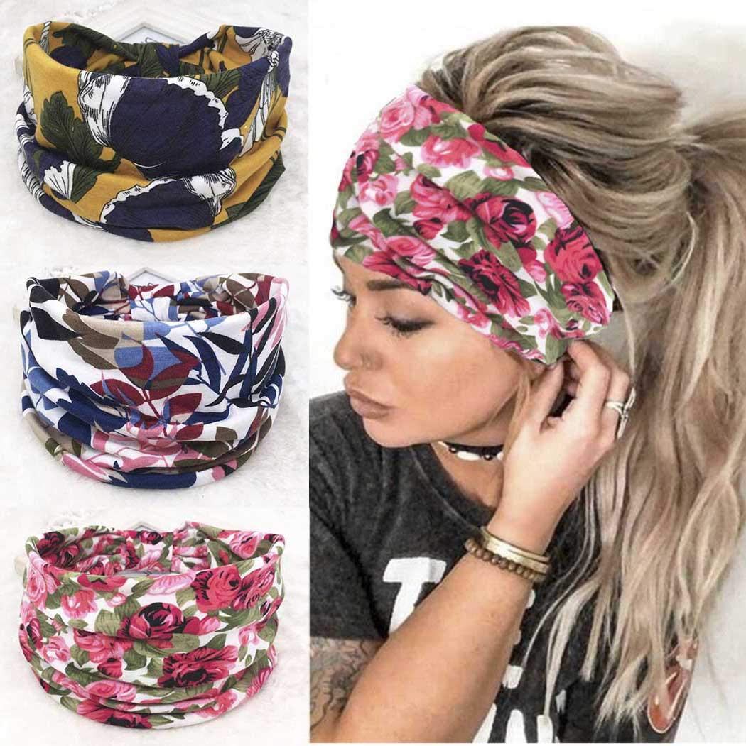 Gangel Boho Criss Cross Headbands Twisted Floral Printed Hairbands Elastic Cotton Stretch Wide Head Wrap Knotted Hair Scarfs Fashion Hair Accessories for Women (Pack of 3) (bright)