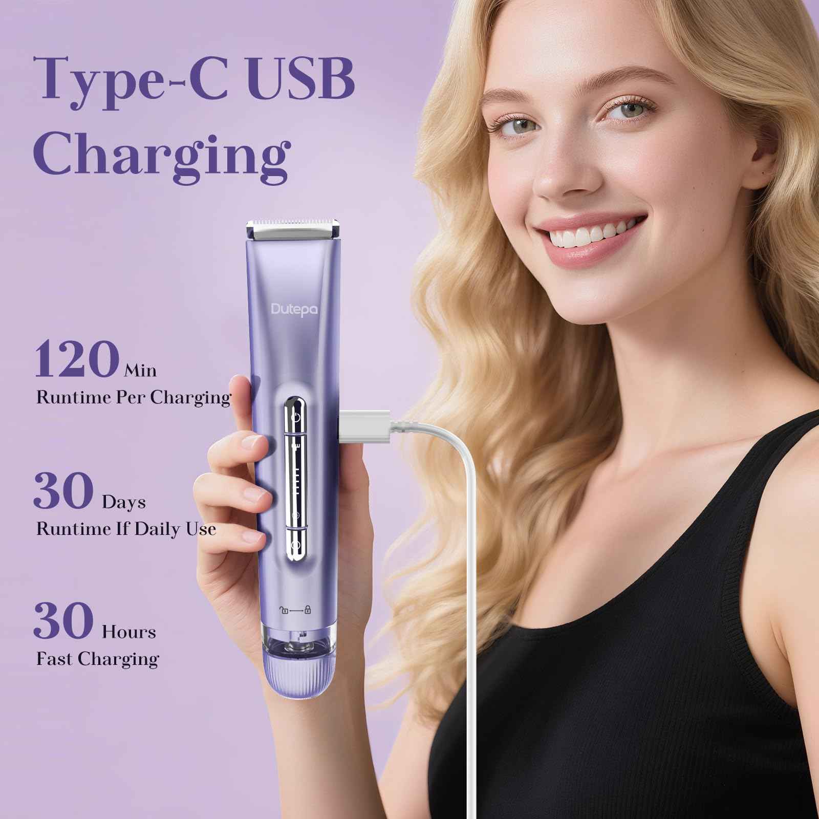 2-in-1 Electric Bikini Trimmer for Women, IPX7 Waterproof, Rechargeable Razor with Double-Edged Blade, Portable Hair Removal Shaver for Wet and Dry Use (Purple)