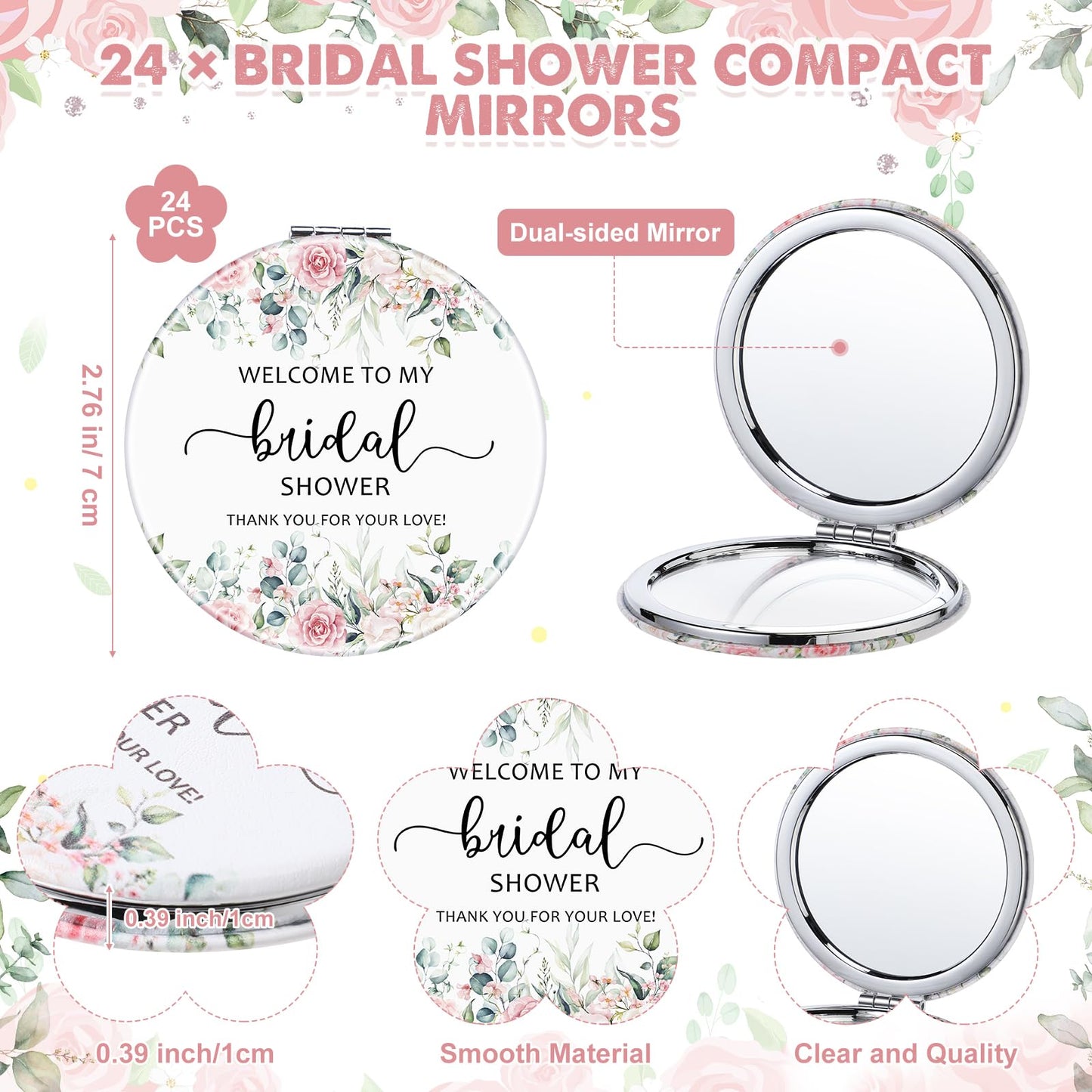 XunYee 24 Sets Bridal Shower Favors for Guests Flower Design Makeup Mirrors Leather Compact Mirrors Bridal Thank You Cards with Organza Bags Bridesmaid Gifts Wedding Party Favors Supplies