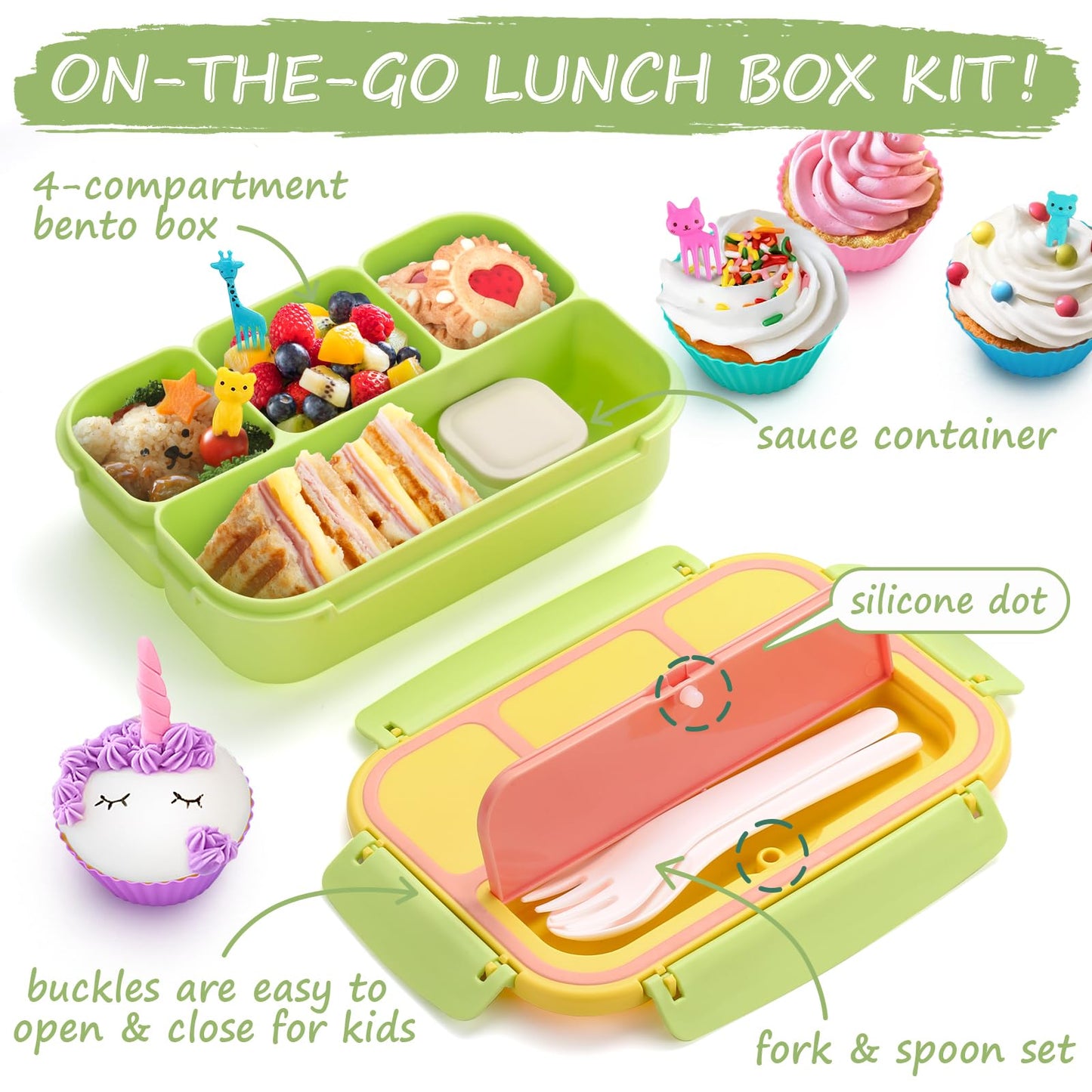 QQKO Bento Box for Kids Adults, School Toddler Lunch Box for Boys Girls, Lunch Box Containers with 4 Compartments, Sauce Container, Utensils, Food Picks and Muffin Cups for School, Pink Yellow Green