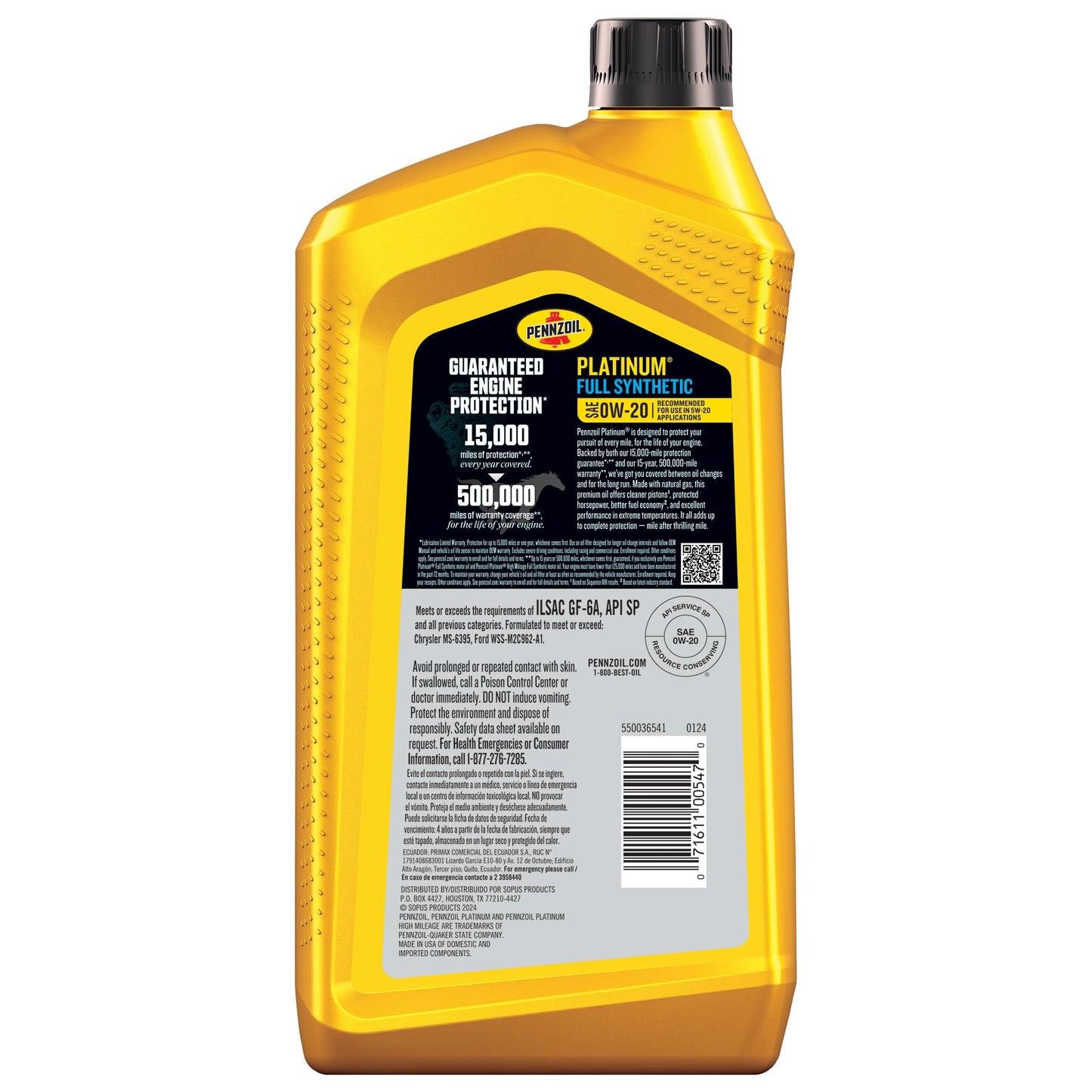 Pennzoil Platinum Full Synthetic 0W-20 Gasoline Engine Oil, 1 Quart (Case of 6)