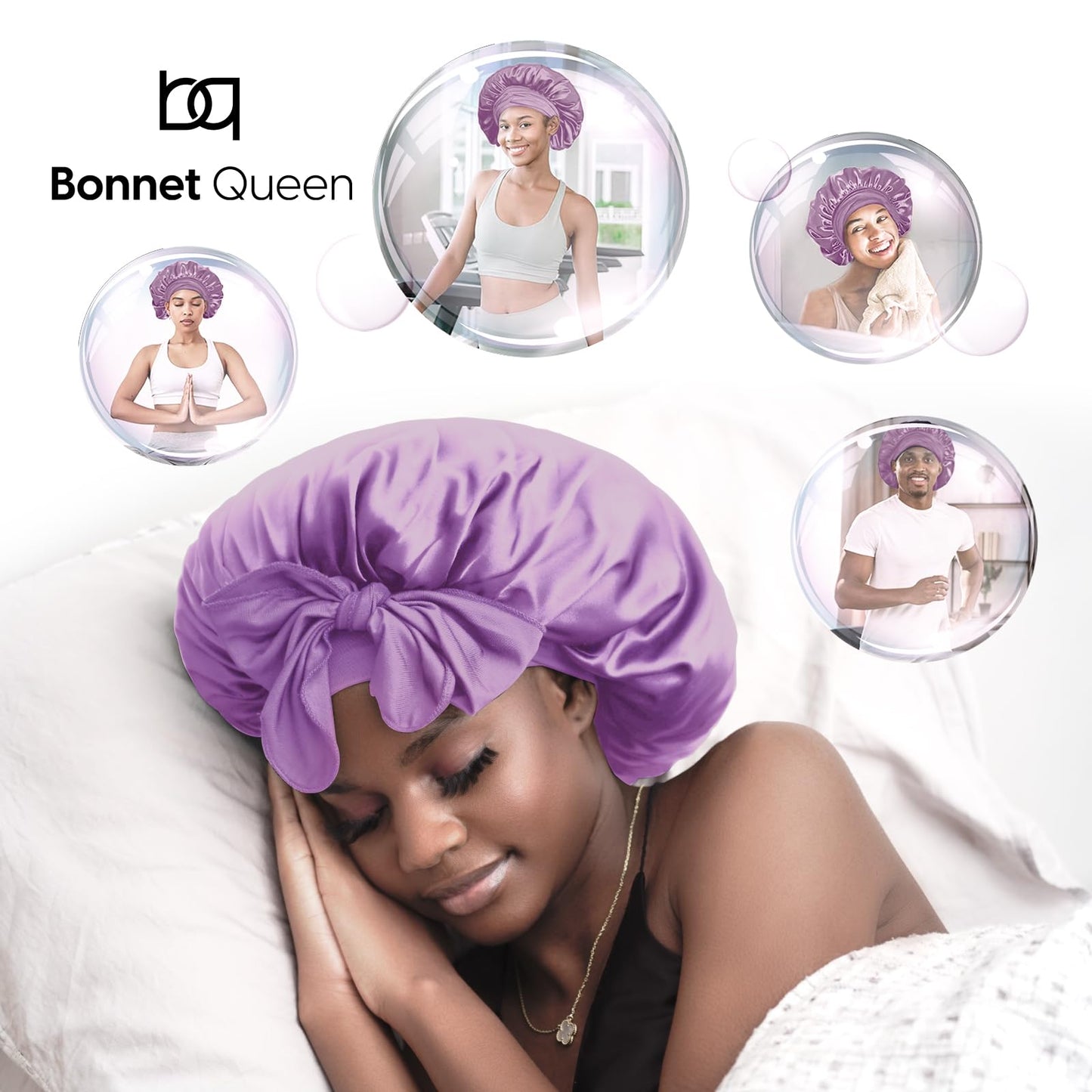 BONNET QUEEN Silk Bonnet for Sleeping Women Satin Bonnet Hair Bonnet Night Sleep Cap Scarf wrap for Curly Hair with tie Band Lilac