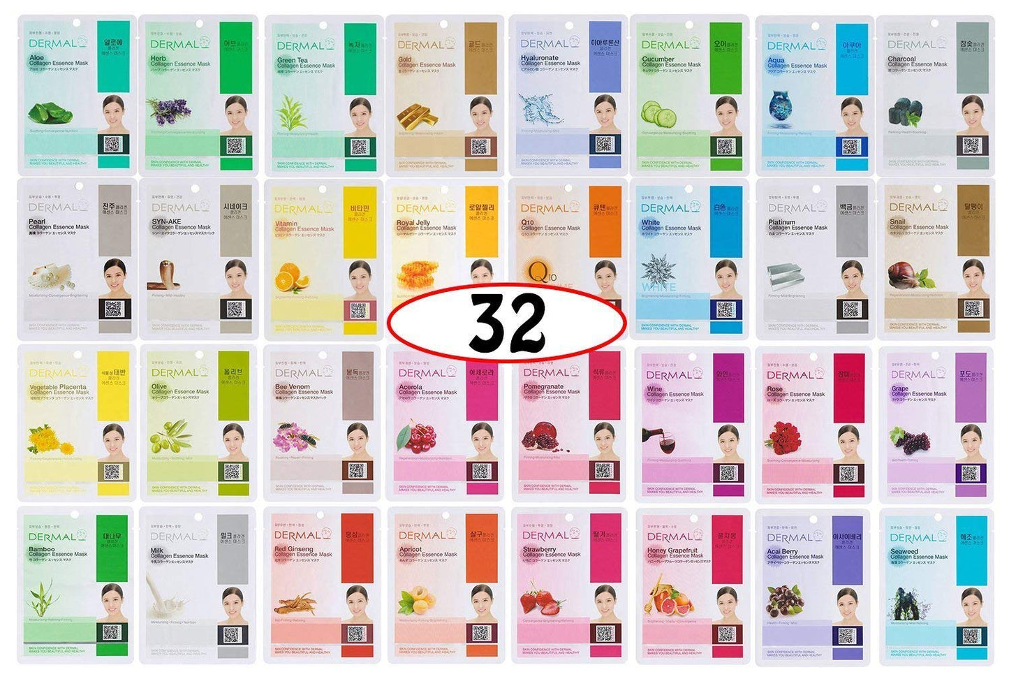 DERMAL A+B Korea Collagen Essence Moisturizing Full Face Facial Mask Sheet Provides Vitamins, 32 Full Color SET