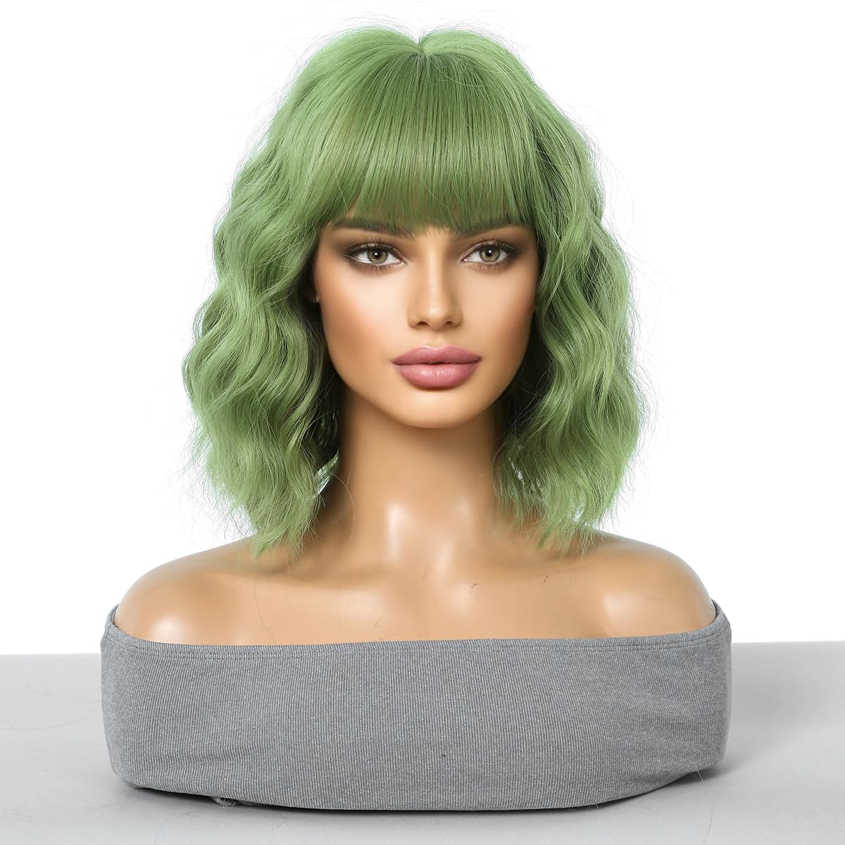 WTHCOS Green Wig Short Curly Wavy Hair Wig With Bangs Avocado Green Wig for Women Matcha Green Wig Short Bob Wig Heat Resistant Synthetic Hair Wigs for Daily Use Cosplay Wig With Wig Cap