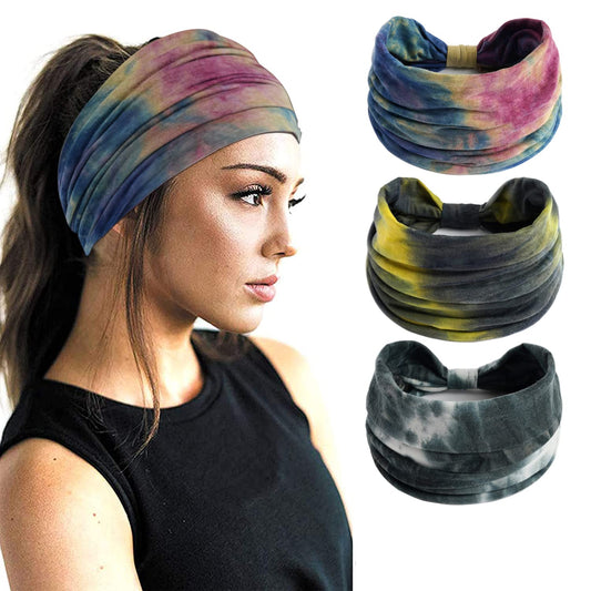 Eyanse Tie Dye Headband for Women Rainbow Boho Wide Headbands Elastic Non Slip Fabric Cloth Fashion Knotted Yoga Workout Head Wraps Pack of 3