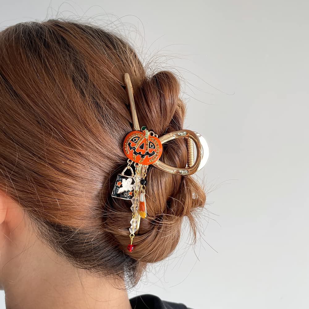 Halloween Hair Clips Pumpkin Bracelet Set - Elegance Tassels Hair Claw Clips for Women Girls Sweet Festival Jewelry Suitable Thick Hair Thin Hair