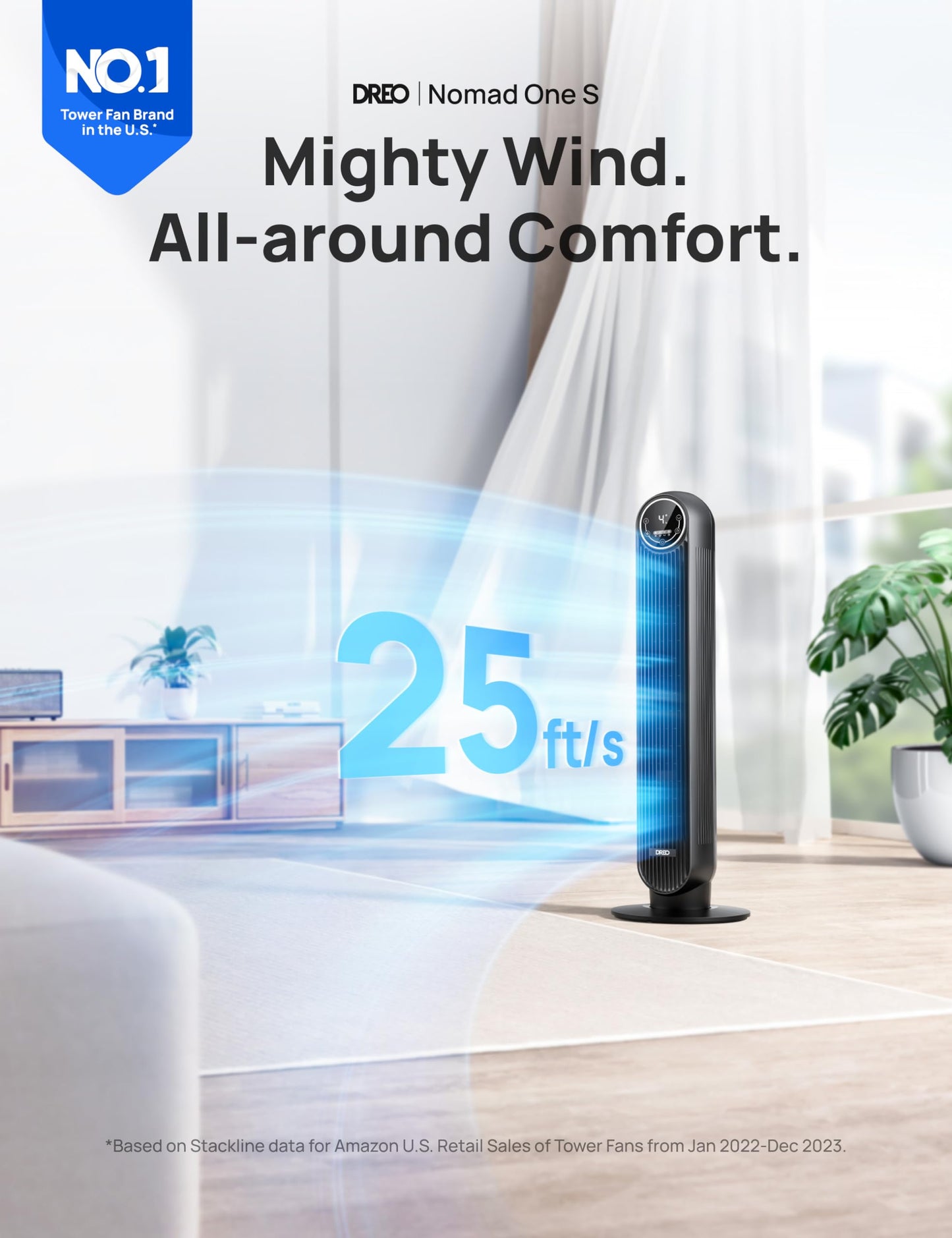 Dreo Tower Fan for Bedroom, Smart Oscillating Quiet Floor Fans, Standing Bladeless Fan with Remote and WiFi Voice Control, 4 Modes, 4 Speeds, 8H Timer, 28dB, Works with Alexa/Google