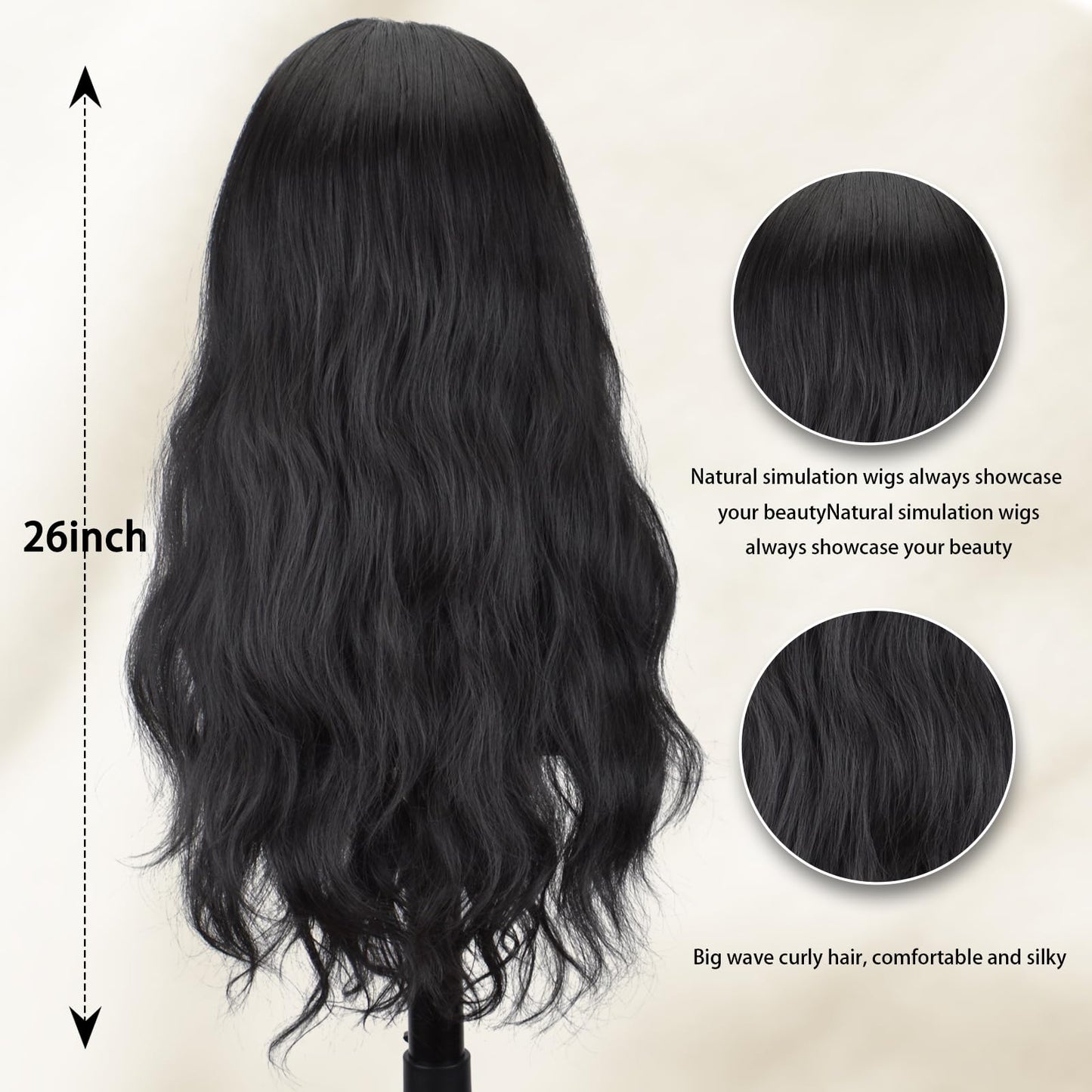 FREE BEAUTY Long Black Wavy Wig for Women Middle Part Wig with Small Piece Lace Curly Wavy Wig Natural Looking Synthetic Heat Resistant Fiber Wig for Daily Party Use 26 Inch