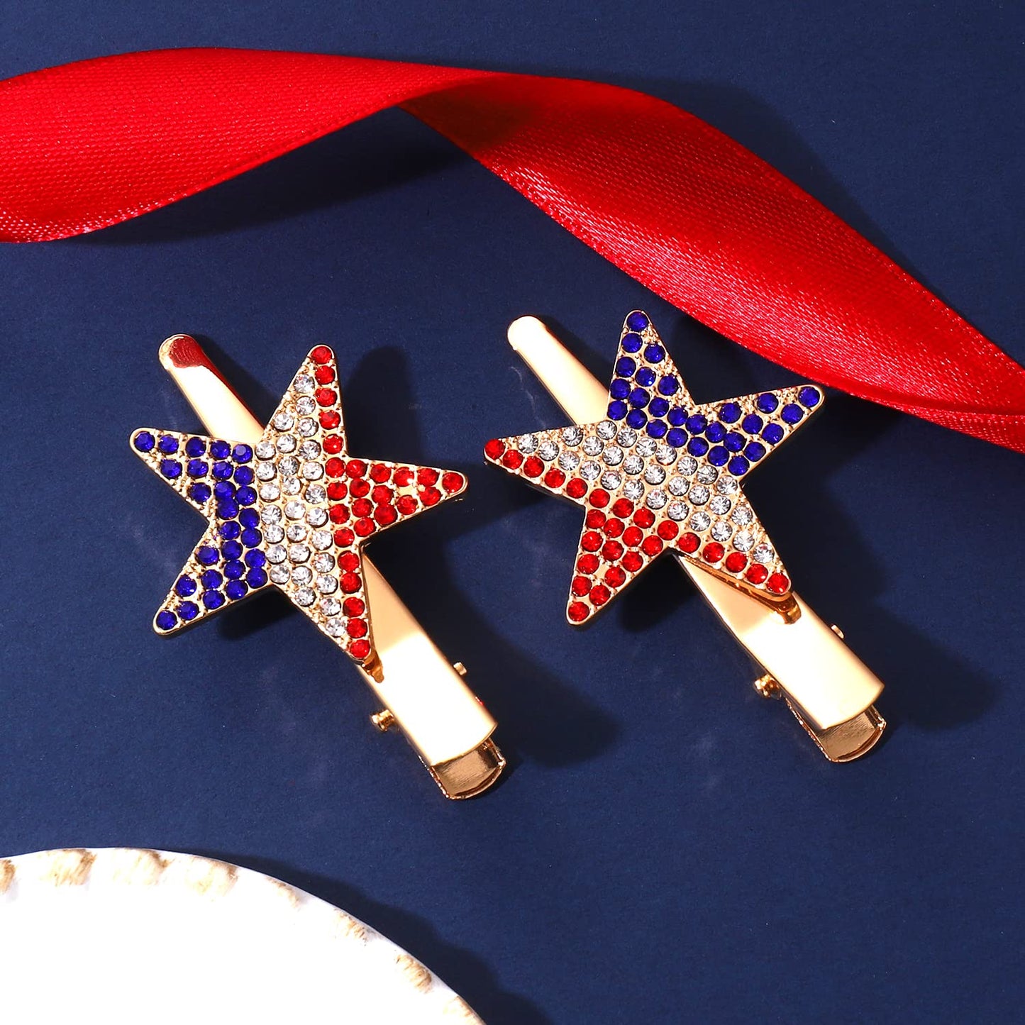 4th of July Patriotic Hair Clips Rhinestone American Flag Star Heart Bows Alligator Metal Clips Crystal Red White and Blue USA Independence Day Hairpins Hair Accessories for Women Girl