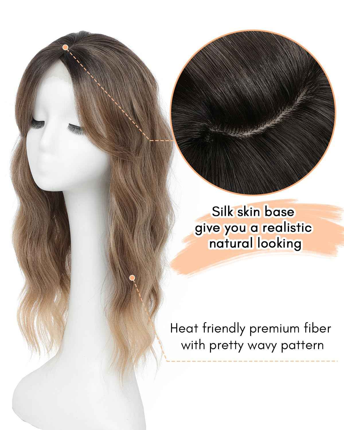 UDU 20Inch Ombre Brown Wavy Hair Topper for Women, Long Hair Topper with Natural Coverage, Clip in Hairpiece for Thinning Hair, Invisible Natural Coverage Top Piece