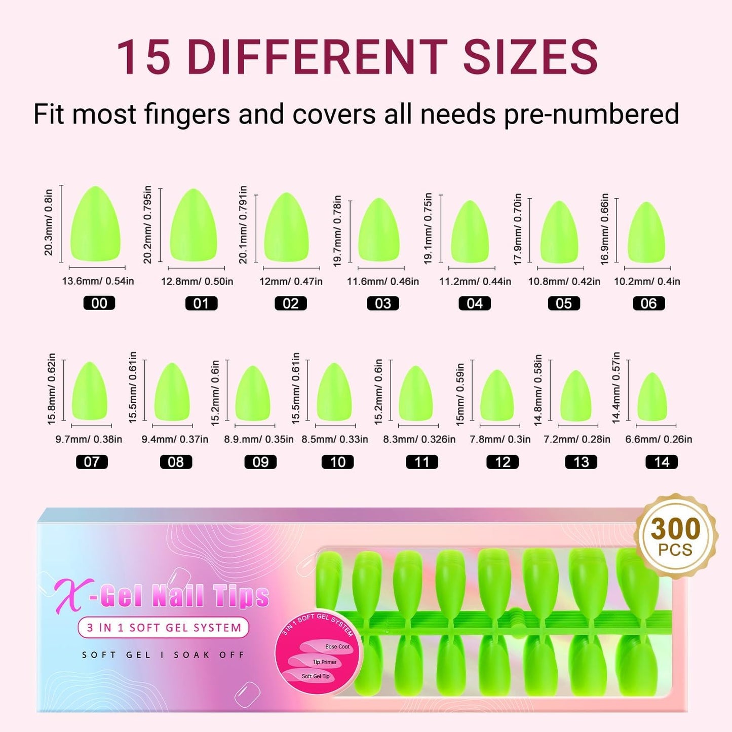 KQueenest Neon Green Gel Nail Tips - 300 Pcs Short Almond Press on Nails Kit, Pre-applied Tip Primer Acrylic Fake Nails, Vibrant Pre-Colored Gel Tip Nails, False Nails Extensions for Nail Art DIY