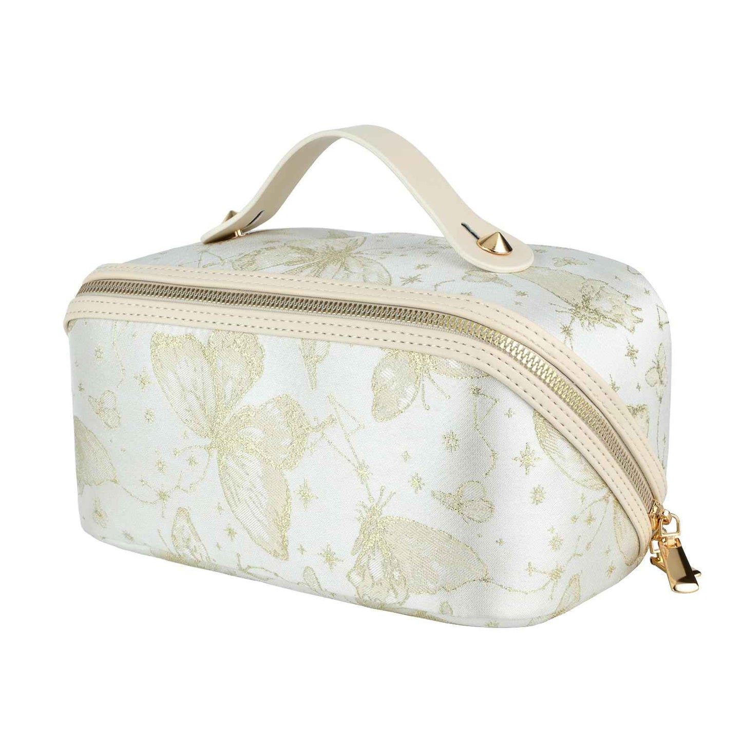 KEYPOWER Large Capacity Cosmetic Bag with Butterfly Pattern Travel Makeup Bag Portable Toiletry Bag with Handle for Women (White)