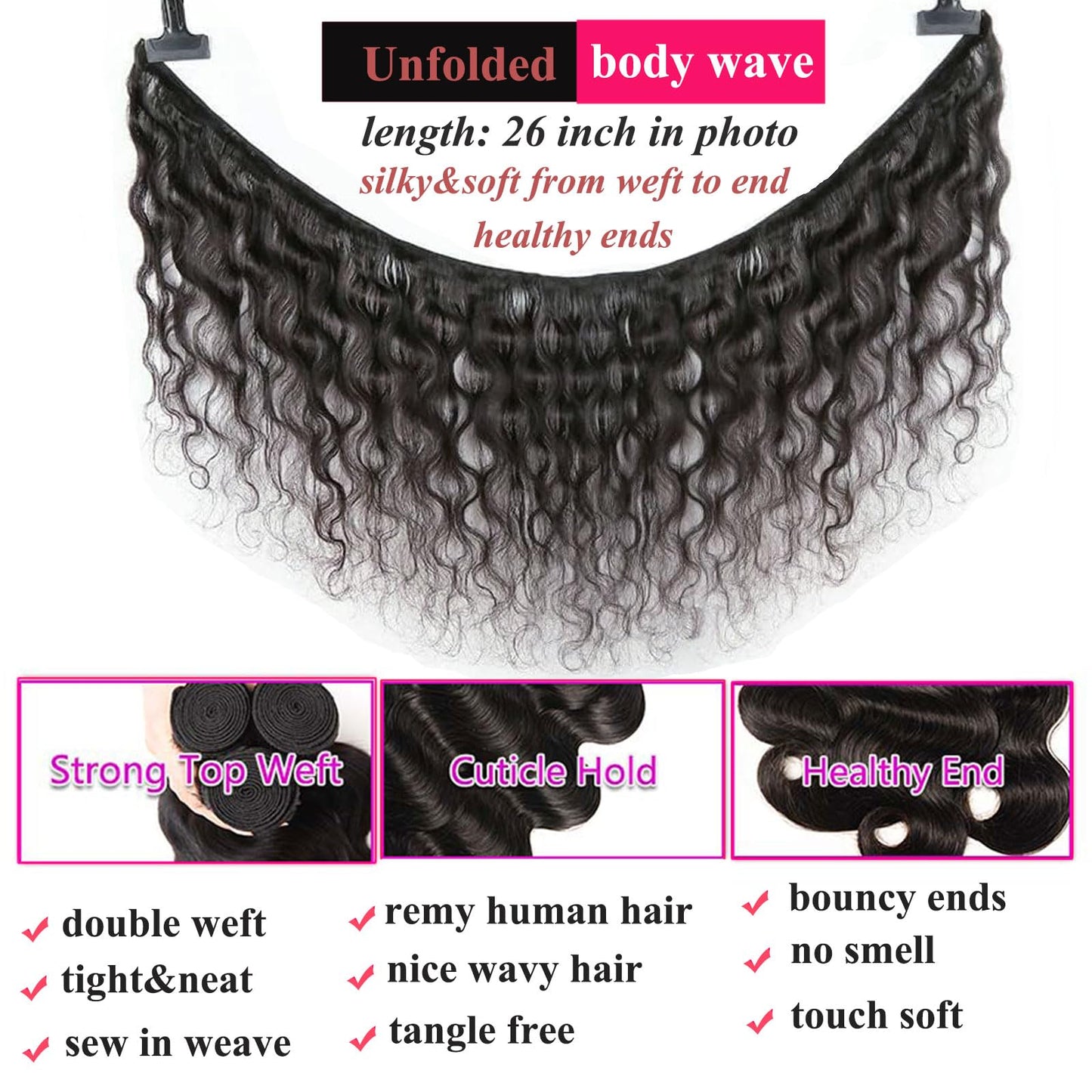 huarisi 20 Inch Body Wave Bundles Human Hair 1 Bundle 100% Unprocessed Brazilian Virgin Hair Bundles Double Weft Wavy Hair Weave Single Bundles Human Hair Natural Color