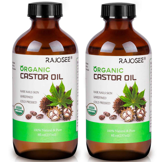 2 Pcs Certified Organic Castor Oil, Natural Oil Cold Pressed in Glass Bottle, Massage Oil, Pure for Hair Growth Eyelashes Eyebrows Lash Serum - Hexane Free, 8 oz Per Bottle