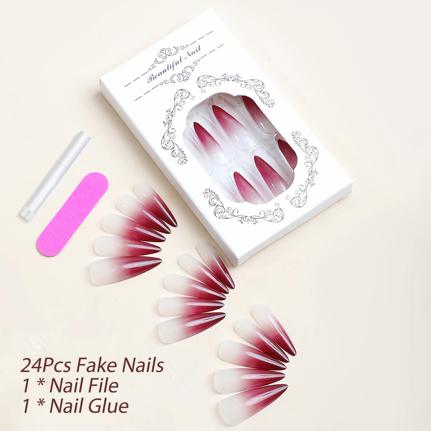 BABALAL Press on Nails Long Stiletto Fake Nails Red Gradient Glue on Nails Goth Acrylic Nails 24Pcs Y2k Almond Manicure Artificial False Nails for Women and Girls