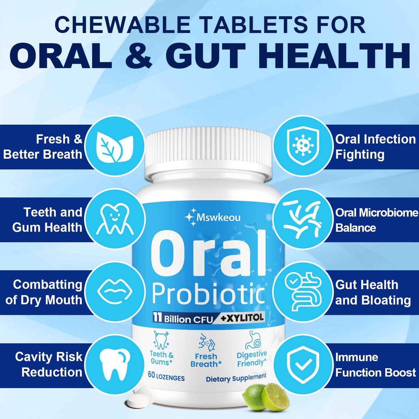 Oral Probiotics for Mouth Bad Breath for Adults 11 Billion CFU, Best Breath Oral Dental Probiotics for Teeth & Gums, Dry Mouth, Gum Restore, Fresh Breath, Chronic Halitosis & Gut Health, 2 Pack