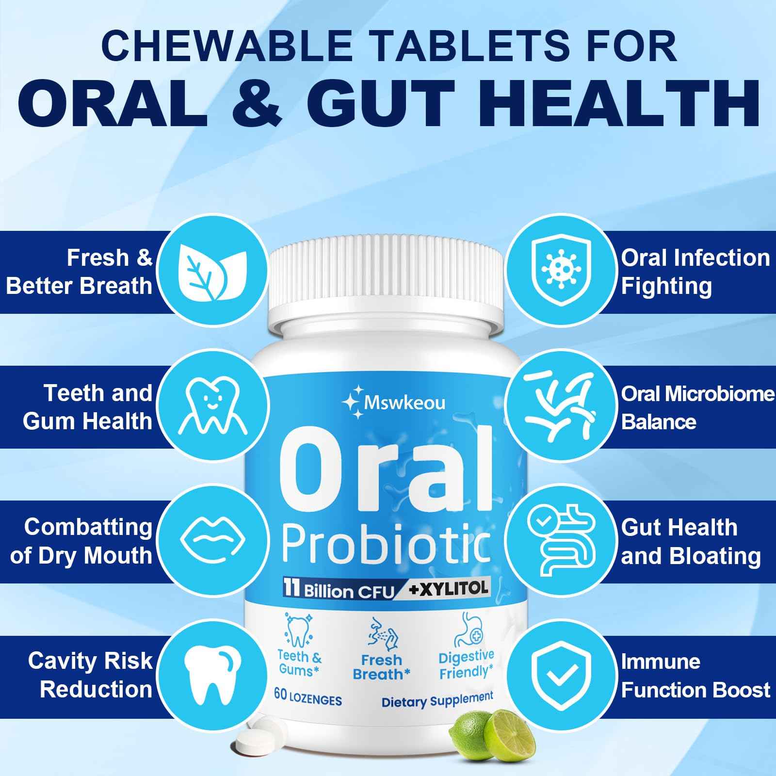 Oral Probiotics for Mouth Bad Breath for Adults 11 Billion CFU, Best Breath Oral Dental Probiotics for Teeth & Gums, Dry Mouth, Gum Restore, Fresh Breath, Chronic Halitosis & Gut Health, 2 Pack