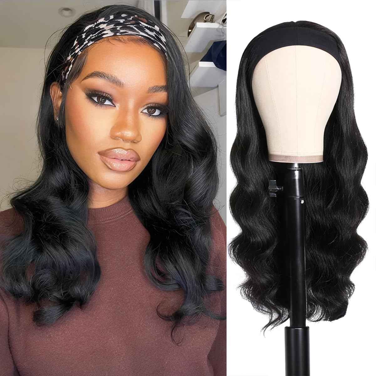 olimaruly Headband Wig Human Hair Body Wave 14 inch None Lace Front Wig Human Hair Machine Made Wigs Glueless Human Hair Headband Half Wigs for Black Women 150% Density Natural Color