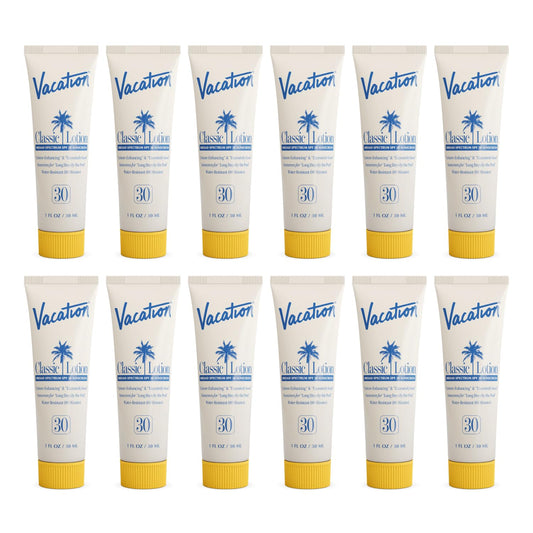 Vacation Mini Classic Lotion SPF 30, Water Resistant, Broad Spectrum Bulk Sunscreen, Travel Size, Bachelorette Party Favors, Beach Essential, 1 fl. oz. (Pack of 12)