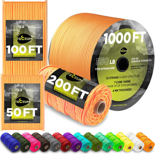 TECEUM Paracord Type III 550 Apricot – 100 ft – 4mm – Tactical Rope MIL-SPEC – Outdoor para Cord –Camping Hiking Fishing Gear and Equipment – EDC Parachute Cord – Strong Survival Rope