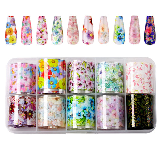 Makartt 10 Rolls Nail Art Foil Stickers Mix Flower Nail Foil Transfer Stickers Nail Foil Adhesive Nail Decals Nail Art Supplies for Nail Art Designs - 2.5x100cm