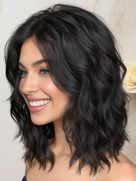 AISI HAIR 14 Inch Natural Black Wigs for Women - Shoulder Length Wave Wig with Pre-Cut Lace Hairline, Middle Part Natural Wavy Bob Synthetic Heat Resistant Fiber for Daily and Party