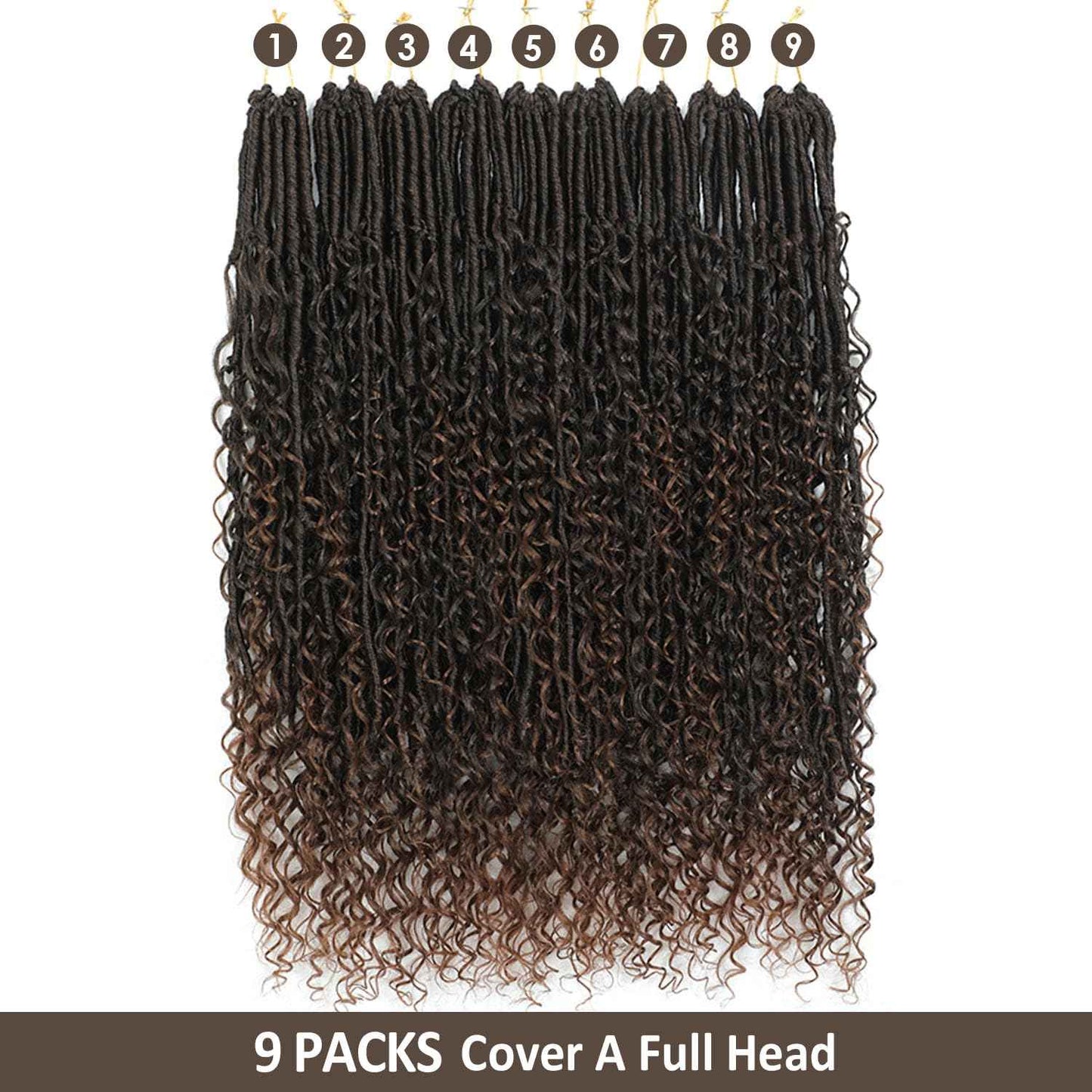 9 packs Boho Faux Locs Crochet Hair, 24 Inch, Ombre Medium Dark Brown Pre Looped Goddess Soft Locs Crochet Hair with Curly Ends, Bohemian River Locs for Black Women(T1B/30#, 24 Inch)