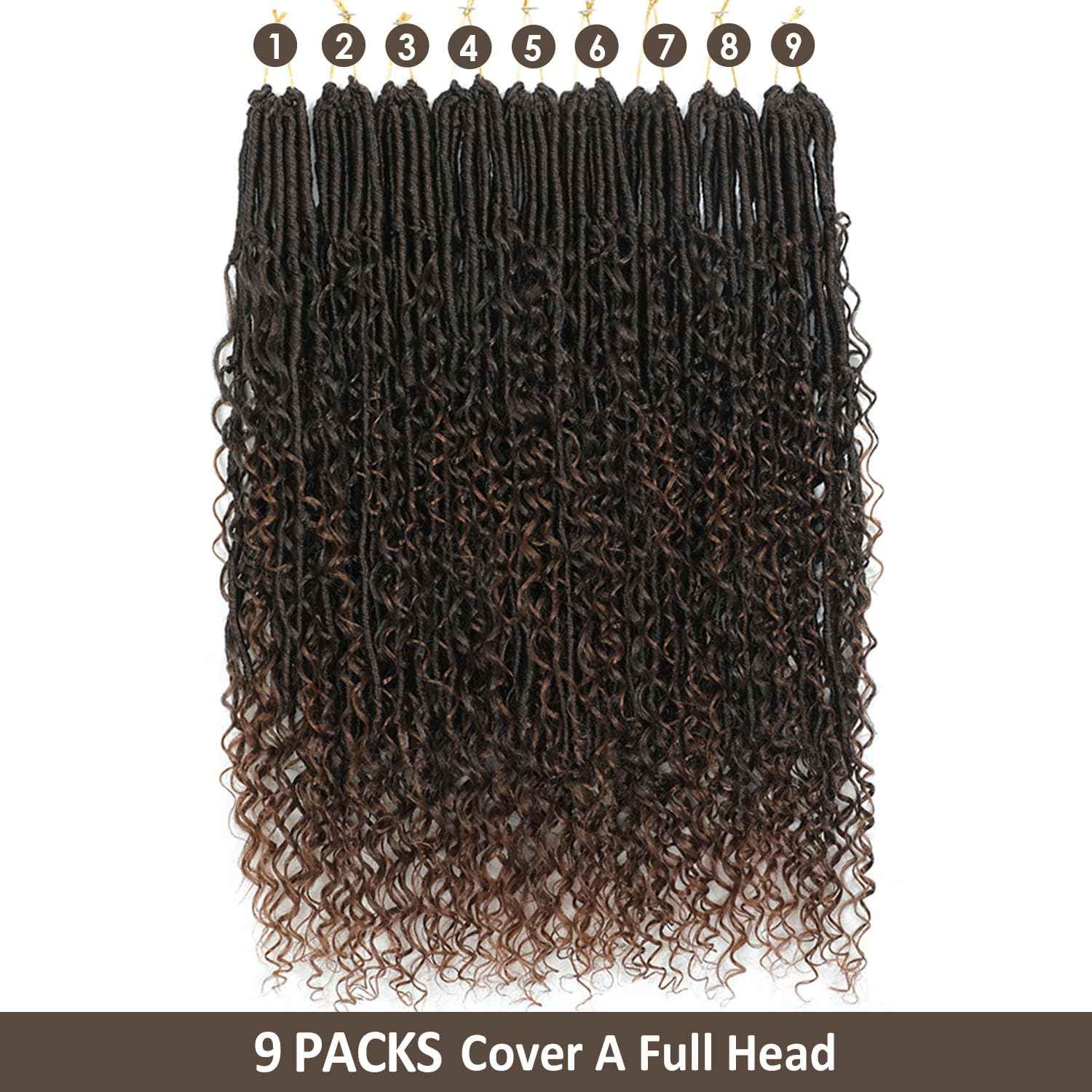 9 packs Boho Faux Locs Crochet Hair, 24 Inch, Ombre Medium Dark Brown Pre Looped Goddess Soft Locs Crochet Hair with Curly Ends, Bohemian River Locs for Black Women(T1B/30#, 24 Inch)