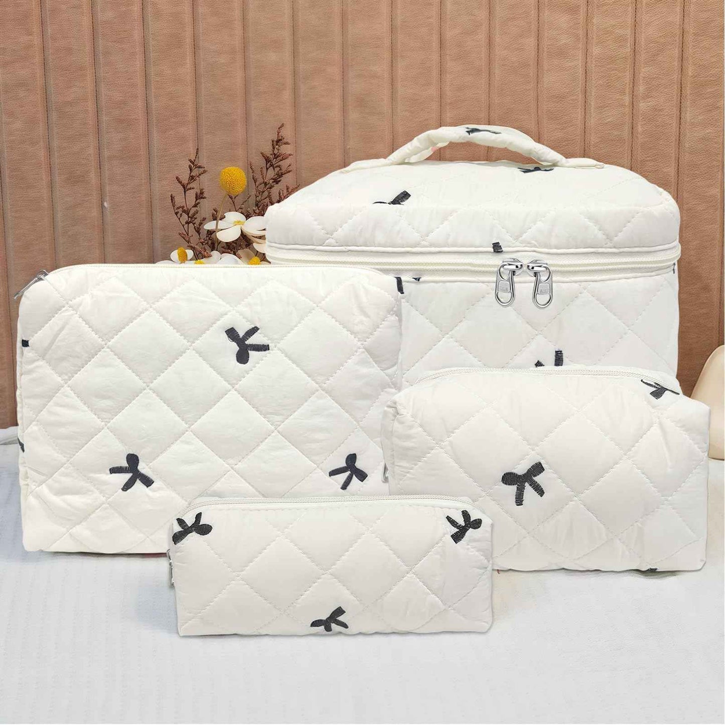 Quilted Makeup Bag, Large Capacity Travel Cosmetic Bag for Women and Girls, Aesthetic Storage for Daily and Travel Use (4pcs-embroidered Bow)