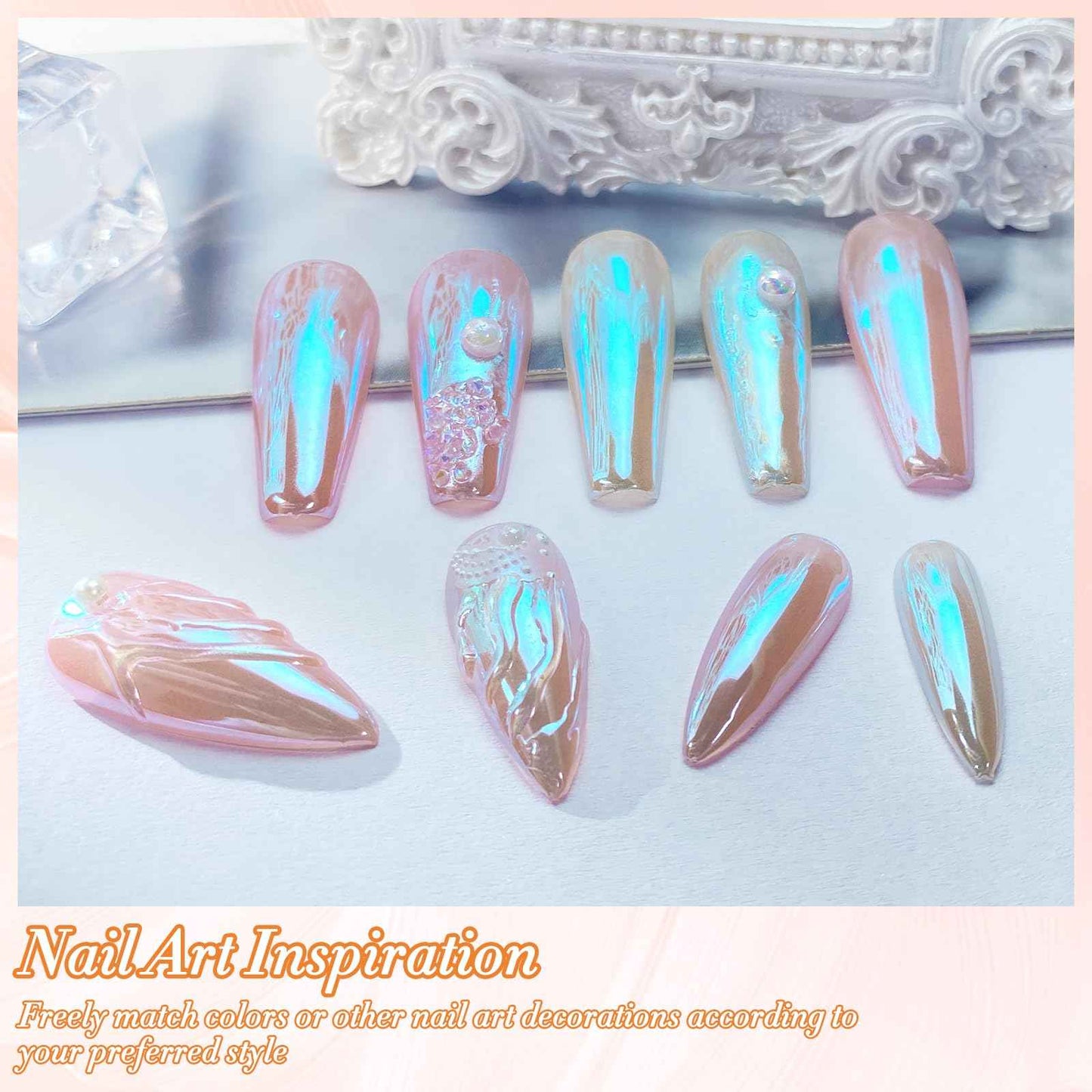 FNNZ Unicorn Chrome Nail Powder, Aurora Unichrome Mermaid Aurora Nail Powder Pigment Pearlescent Nail Art Glitter Decoration for Home DIY Nail Salon Manicure - Glacier Ocean