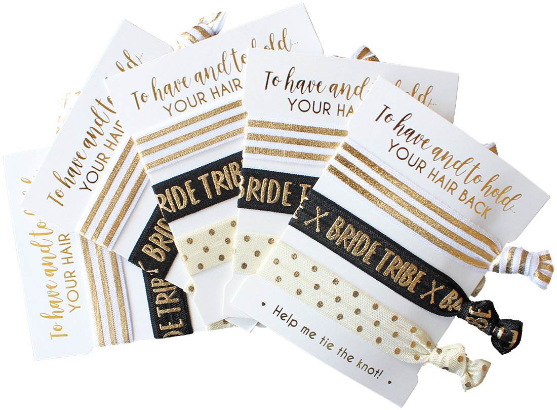 5-Pack of Hair Tie Cards - Bachelorette Party and Wedding Shower Proposal Favors for Bridesmaids, Team Bride, Bride Tribe (Black & Gold (Tribe))