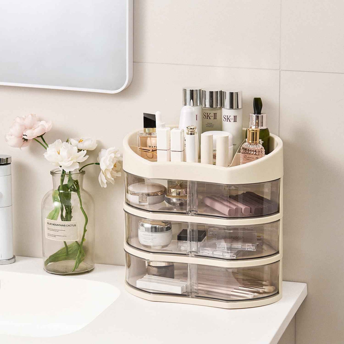 UFORU Makeup Organizer for Vanity, Countertop Organizer with 360° Rotating Drawer, Spacious Cosmetic Display Case for Beauty Essential, Skincare,Lipstick, 2 Drawers