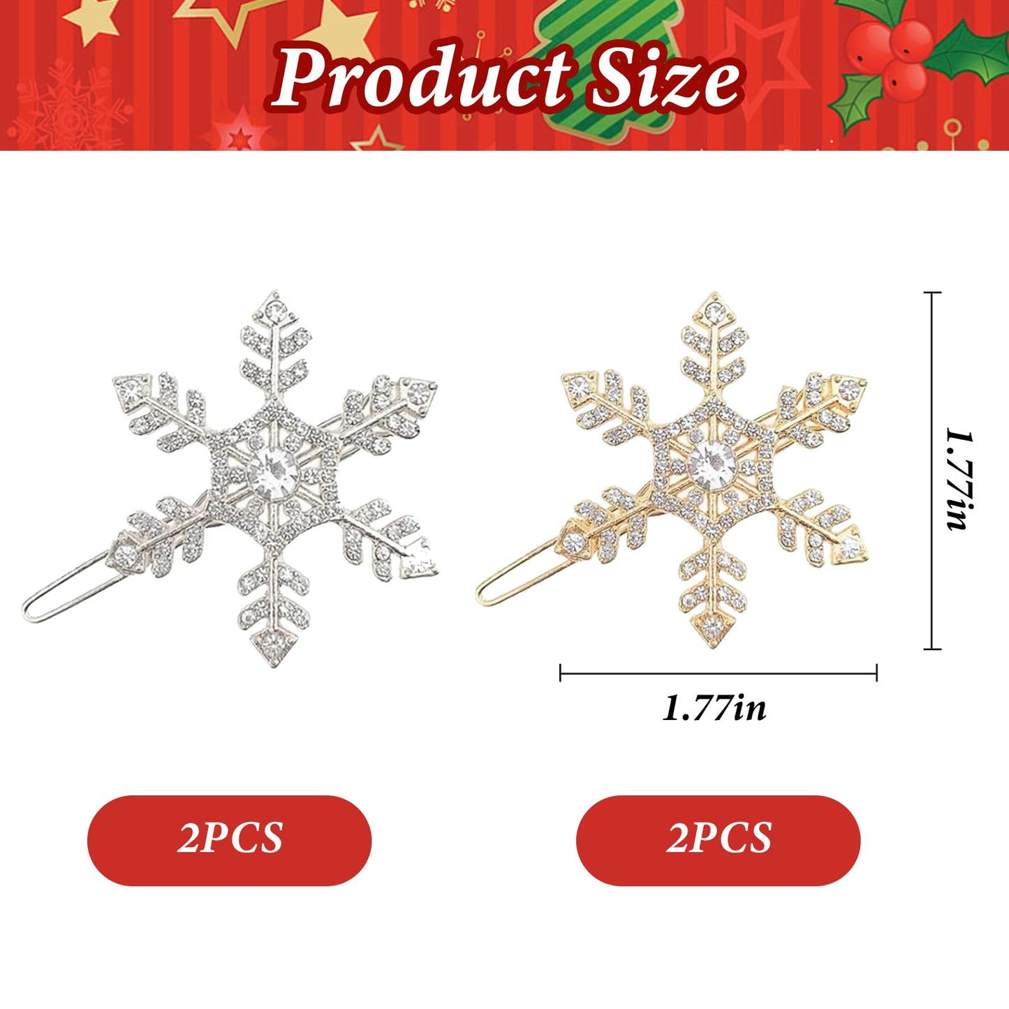 Gold Silver Rhinestone Snowflake Hair Clips - 2Pcs Christmas Hair Clips Crystal Hair Barrettes Snowflake Hairpin Christmas Snowflake Hair Accessories Headwear for Women Girls Toddlers Christmas Gifts