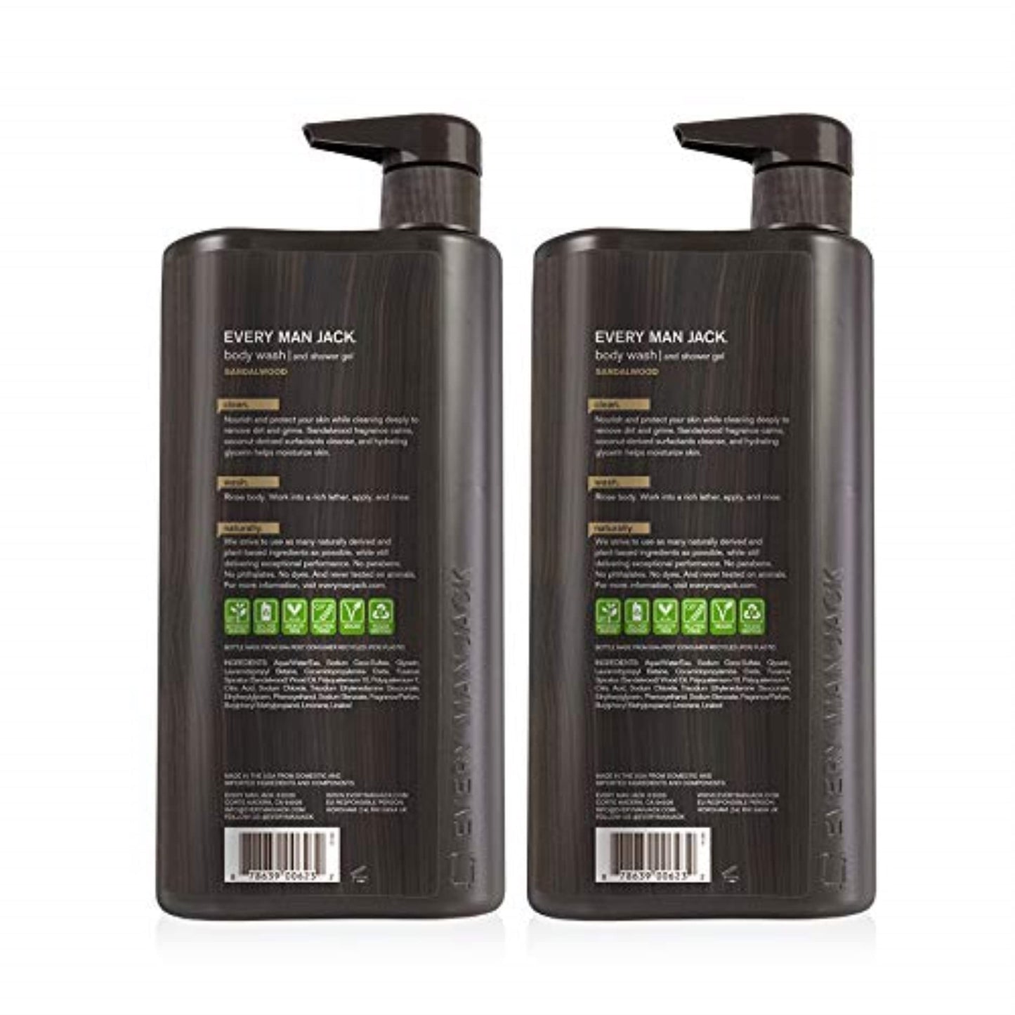 Every Man Jack Mens Sandalwood Body Wash for All Skin Types - Cleanse, Nourish, and Hydrate Your Skin with Naturally Derived Coconut and Glycerin - 2 Bottle