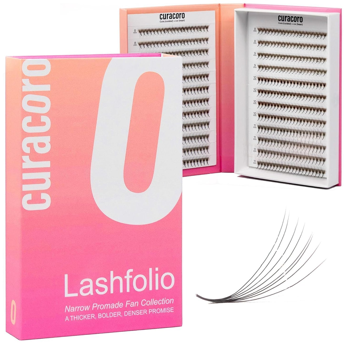 Curacoro LashFolio Narrow Promade Fans, Handmade Volume Eyelashes, 5D~10D, C CC D Curl, Thickness 0.03~0.07mm, 8-15mm Length, Professional Long-Lasting Promade Lash Fans (6D-0.07 D, 12mm-15mm)