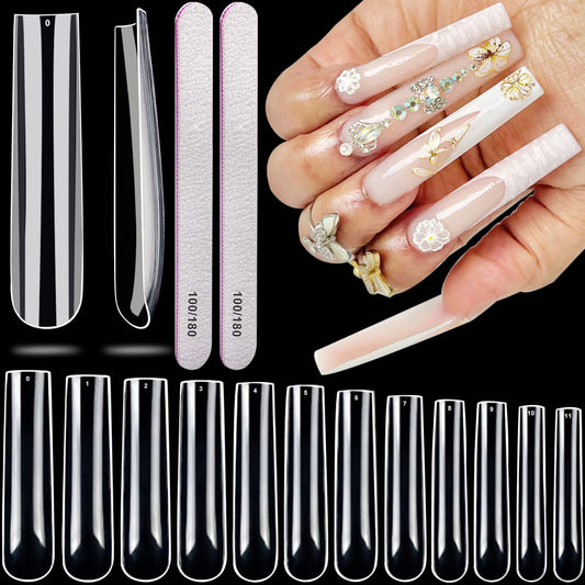 AITRAI 504pcs No C Curve Square Nail Tips, 3XL Extra Long Clear Nail Tips for Acrylic Nails Professional, 12 Sizes Full Cover Acrylic Fake Nail Tips with 2pcs Files for Nail Salon Home DIY