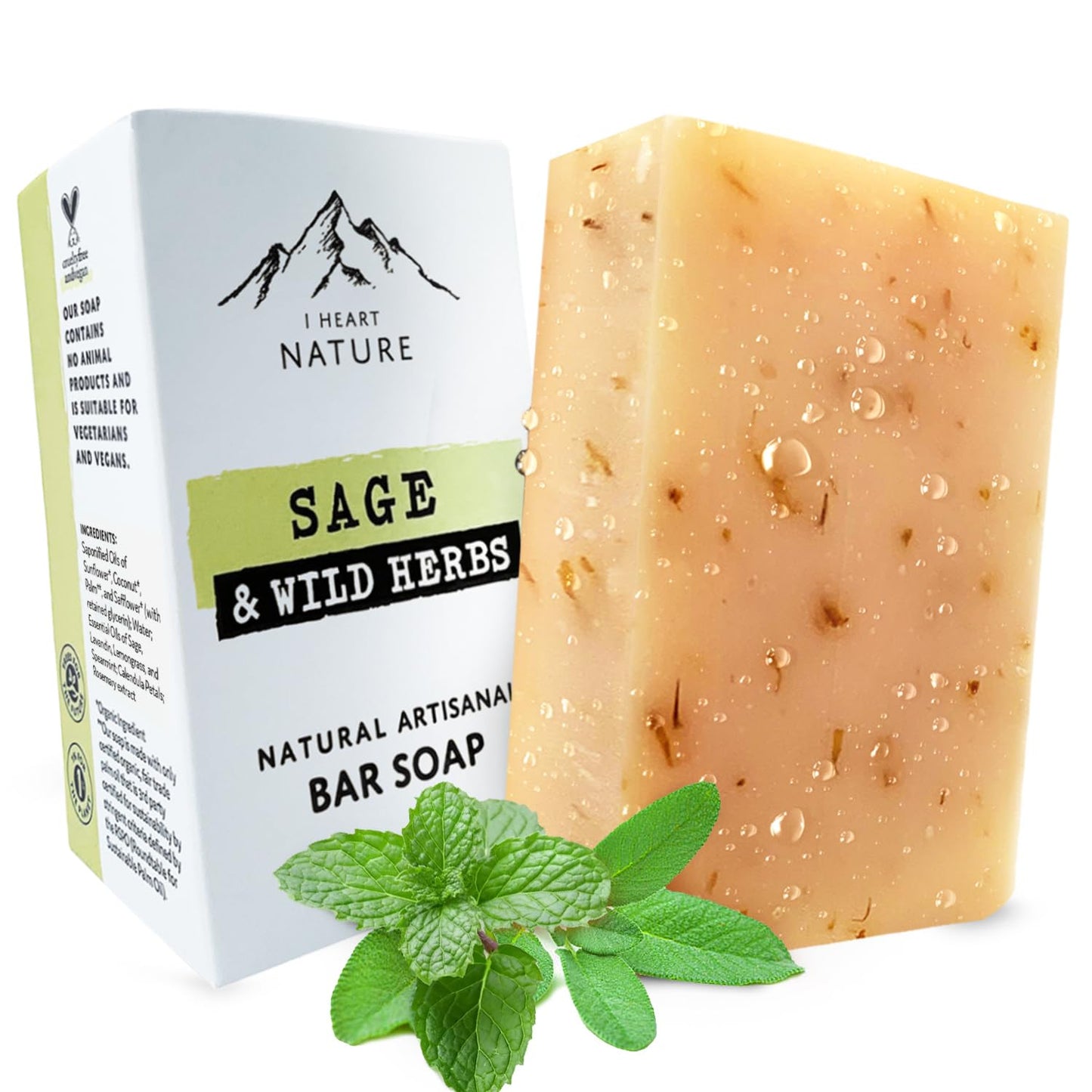 iHeart Fresh Soap Sage and Wild Herb - Long Lasting Rich Creamy Moisturizing Lather - Face & Body Wash Soap for Men and Women - Large 6 Ounce