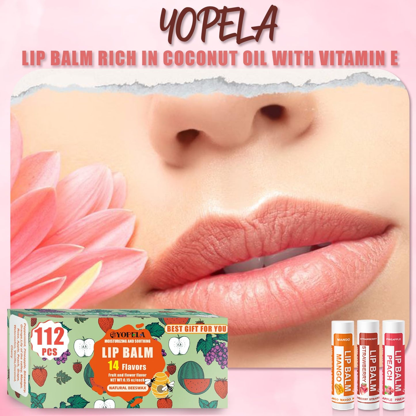 YOPELA 112 Pack Natural Lip Balm Bulk Lip Moisturizer with Vitamin E and Coconut Oil - Hydrating, Moisturizing, Soothing, and Repairing Dry and Chapped Lips - 14 Flavors - Non-GMO