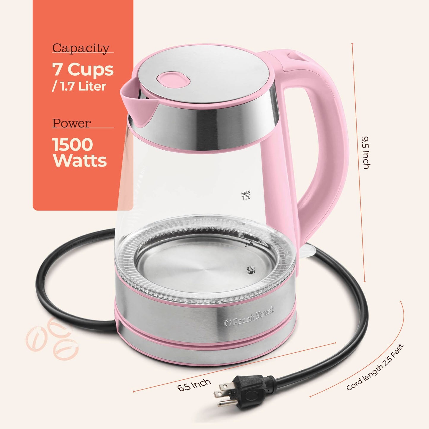 Speed-Boil Electric Kettle - 1.7L Water Boiler 1500W, Coffee & Tea Kettle Borosilicate Glass, Easy Clean Wide Opening, Auto Shut-Off, Cool Touch Handle, LED Light. 360° Rotation, Boil Dry Protection