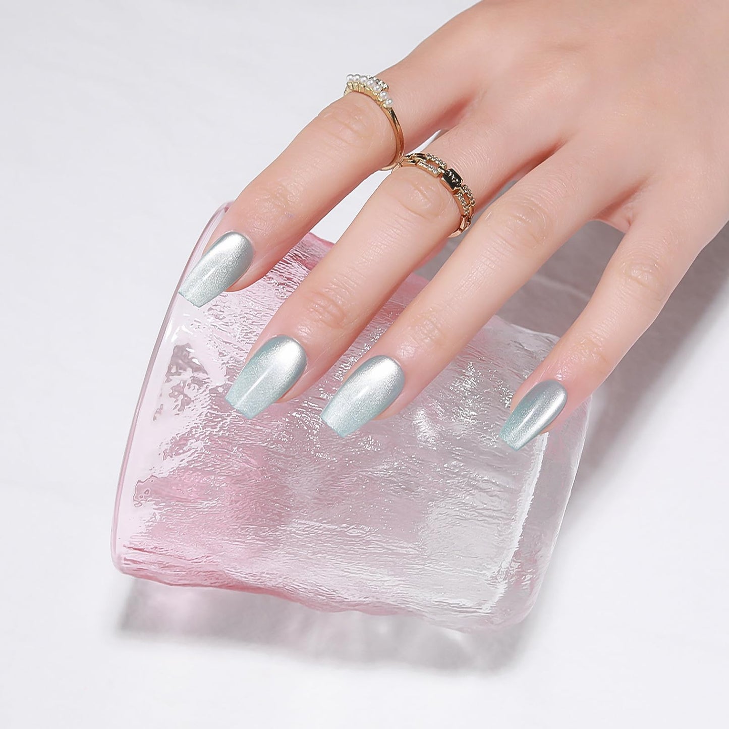 Handmade Press on Nails Cyan Cat Eye Fake Nails KKUUOO Medium Coffin False Nails with Gradient Velvet Effect Design Glitter Press on Nails Glossy Acrylic Nails Stick on Nails for Women Girls 24Pcs