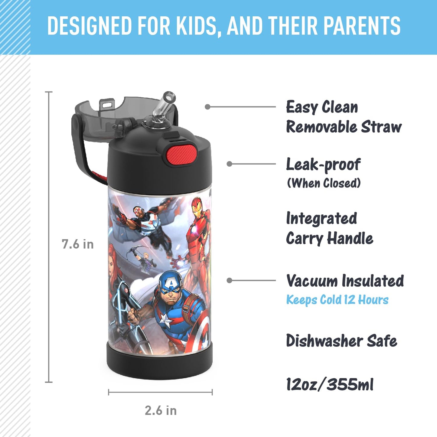 THERMOS FUNTAINER Water Bottle with Straw - 12 Ounce, Avengers - Kids Stainless Steel Vacuum Insulated Water Bottle with Lid