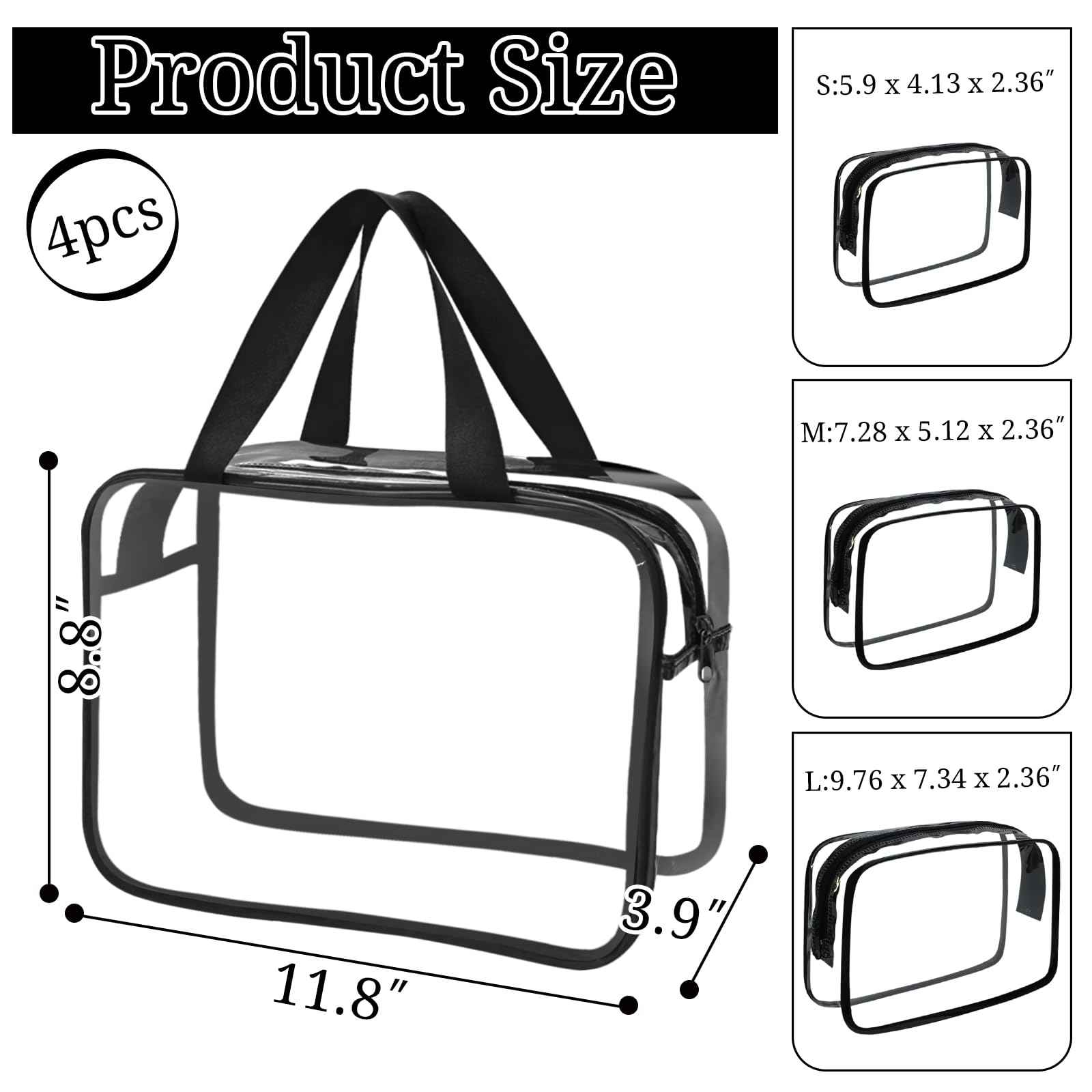 YOQIVEXU 4 Packs Large Clear Comestic Bag, Waterproof Clear Makeup Toiletry Organizer Pouch, Reusable PVC Plastic Storage Bags with Zipper for Travel (4, Black)