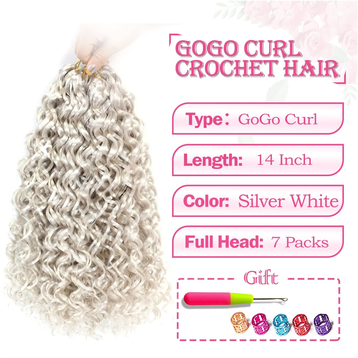 Gogo Curl Crochet Hair 14 Inch 7 Packs Curly Hair Crochet for Black Women Deep Wave Crochet Hair Beach Curl Crochet Hair Synthetic Braiding Hair Extensions (14 inch,7Packs Silver White)