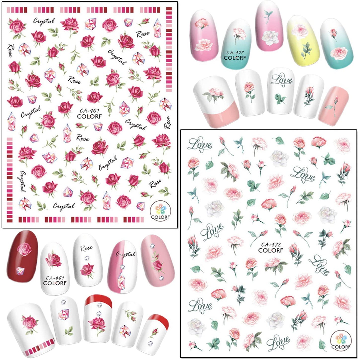 Rose Nail Art Stickers, Flowers Nail Art Decals 3D Self-Adhesive Floral Nail Sticker Design Holographic Red Yellow Pink Black Rose Nail Decal Supplies for Women Girls Manicure Charms Decoration