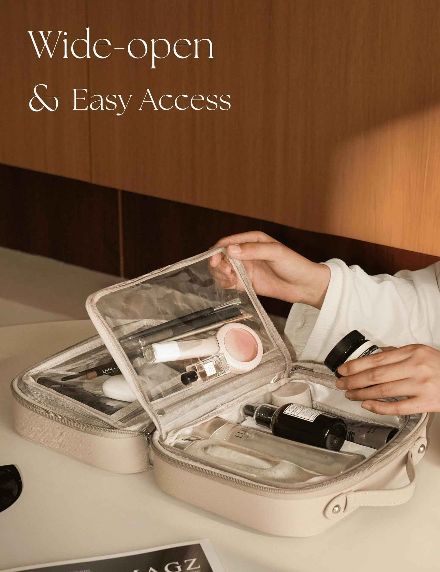 Oaque Clear Cosmetic Bag Double Layer Travel Toiletry Bag Clear Makeup Bag Case with 4 Compartments, Transparent Travel Bag for Toiletries, Large Toiletry Bag for Women Cosmetic Case (Taupe, Large)